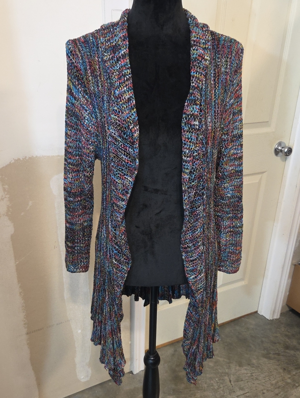 Multicolor Draped Open-Front Knit Cardigan Asymetrical Boho WaterFall Hem